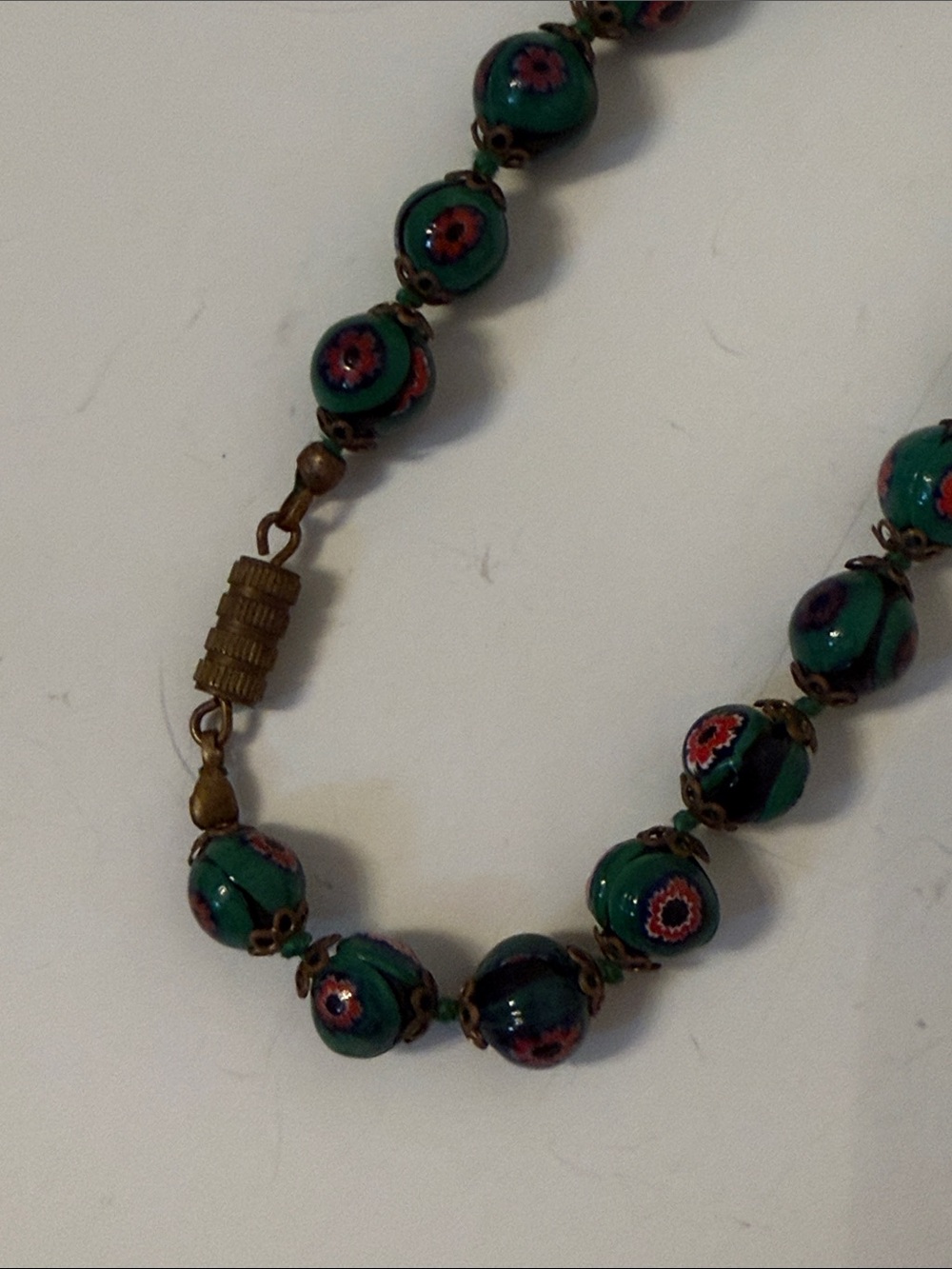 VINTAGE GREEN MURANO OR VENETIAN MILLEFIORI GLASS BEADS NECKLACE EYE FLORAL 17” - Picture 11 of 11